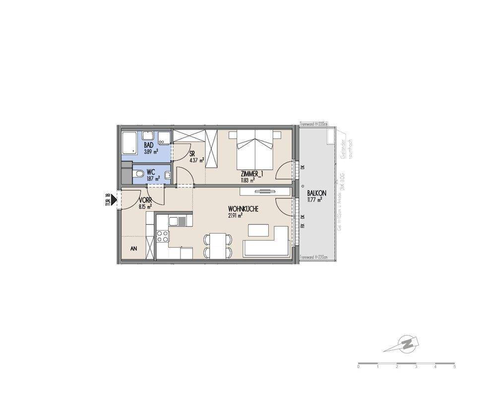 Grundriss einer Wohnung mit Schlafzimmer, Bad, separatem WC und offenem Wohnküchenbereich mit Balkon.