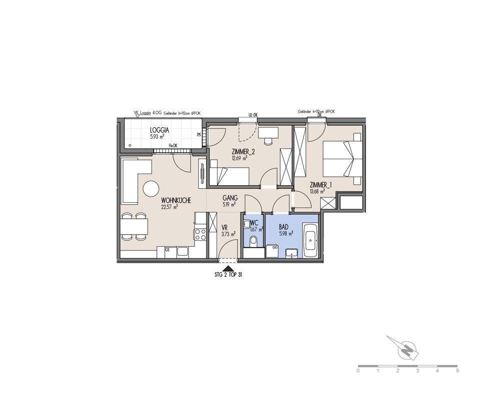 Grundriss einer Wohnung mit Loggia, Wohnküche und zwei Zimmern.
