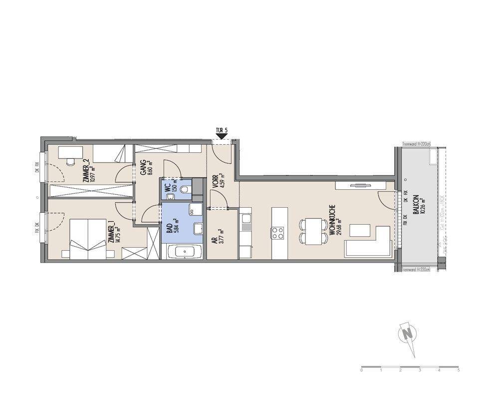 Grundriss einer Wohnung mit zwei Schlafzimmern, offenem Wohnbereich und Balkon.