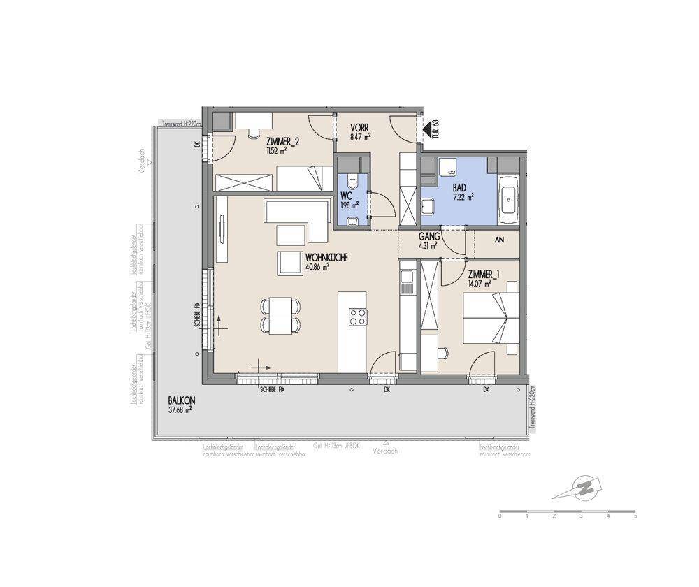 Grundriss einer Wohnung mit offenem Wohnbereich, zwei Schlafzimmern und großem Balkon.