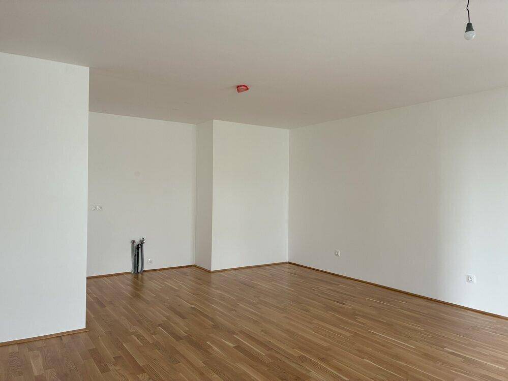 Geräumiger, unmöblierter Innenraum mit hellem Holzboden und weißen Wänden, ideal für offene Gestaltung.