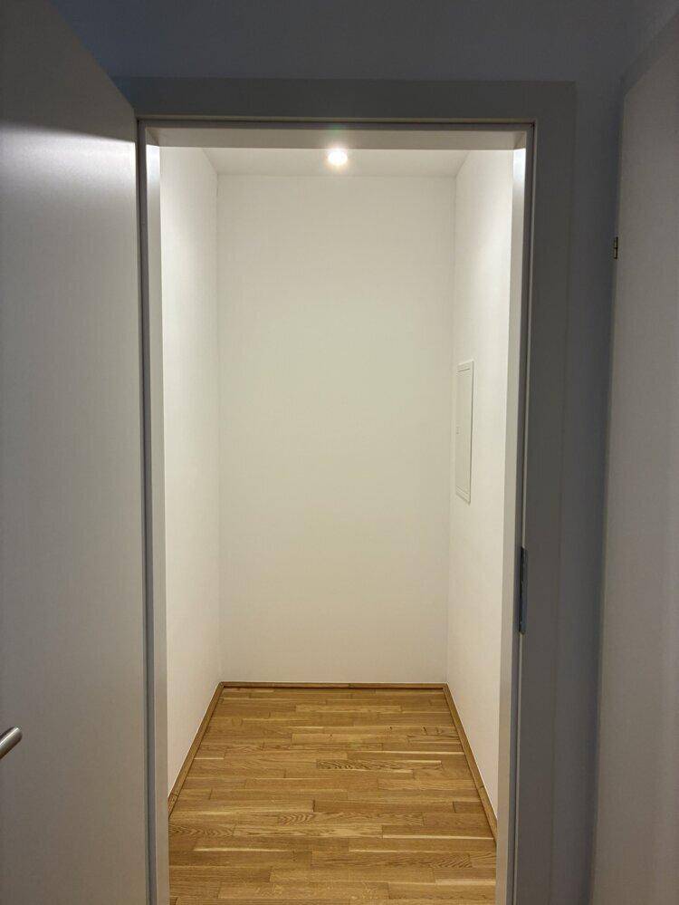 Kleiner, leerer Abstellraum mit Parkettboden und einer Deckenleuchte für zusätzlichen Stauraum.
