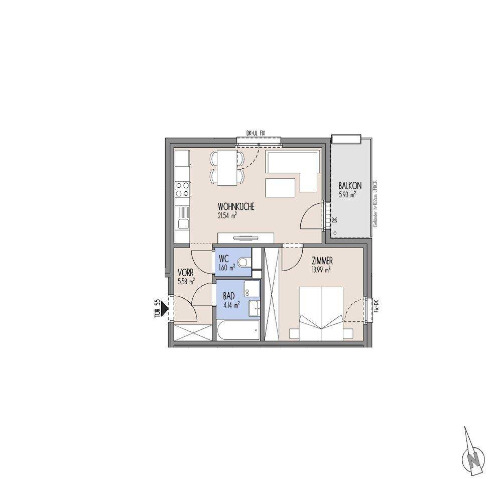 Grundriss einer Wohnung mit offener Wohnküche, einem Zimmer, Bad, separatem WC und Balkon.