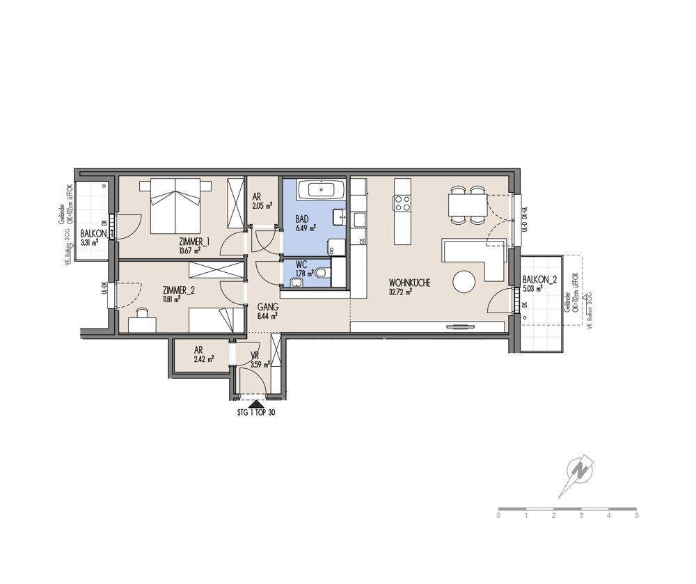 Detaillierter Grundriss einer Wohnung mit zwei Schlafzimmern, Wohnküche und zwei Balkonen.