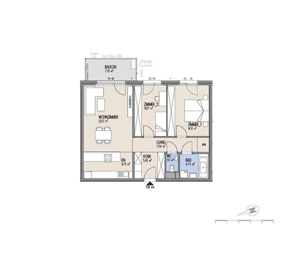 Grundriss einer Wohnung mit Wohnzimmer, zwei Schlafzimmern, Bad, separatem WC und Balkon.
