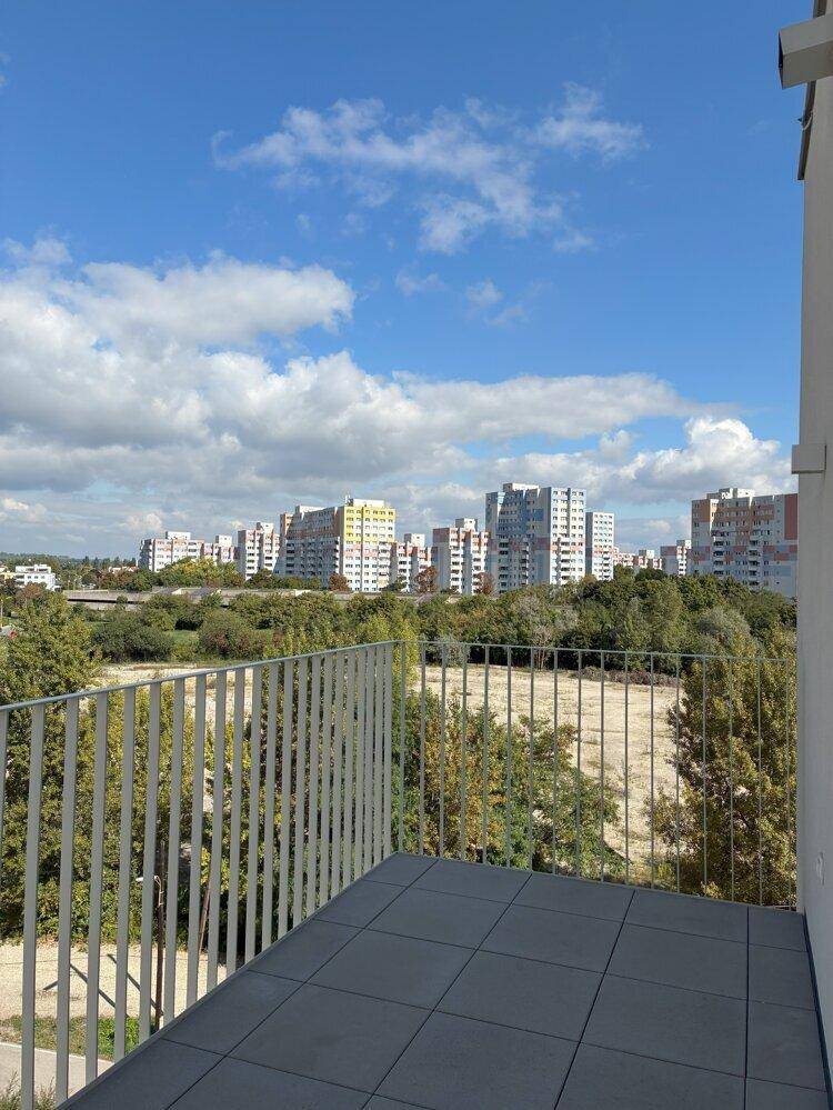 Balkon mit weitem Blick über grüne Flächen und die umliegende Stadtbebauung unter blauem Himmel.