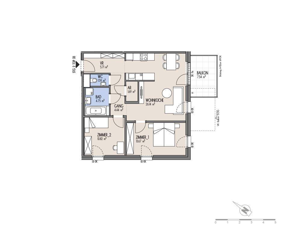 Detaillierter Grundriss einer Wohnung mit zwei Zimmern, Wohnküche und Balkon.