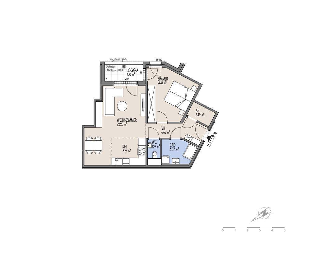 Detaillierter Grundriss mit Wohnzimmer, Schlafzimmer, Bad und Loggia.