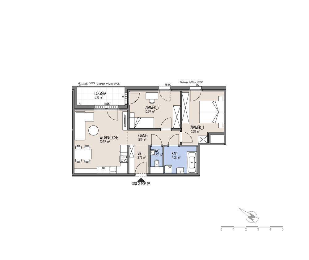 Detaillierter Grundriss einer Wohnung mit Wohnküche, zwei Zimmern, Bad und Loggia.