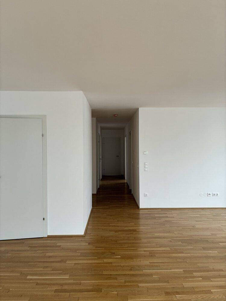 Geräumiger Flur mit Parkettboden und weiß gestrichenen Wänden in einer modernen Wohnung.