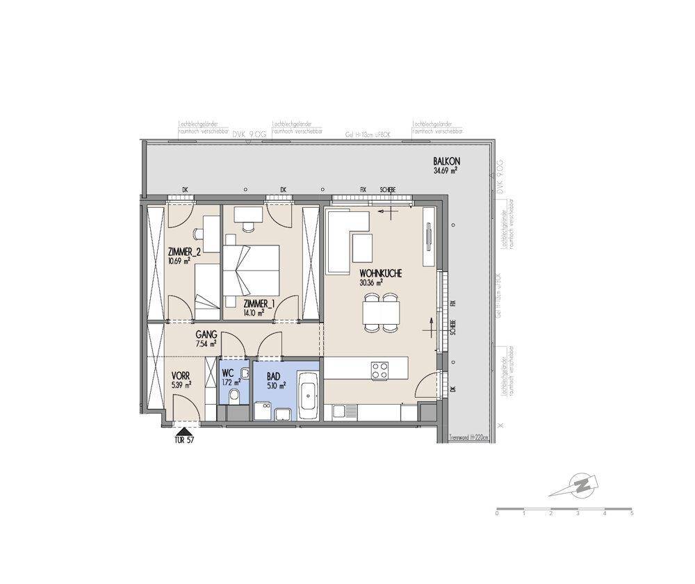 Grundriss einer Wohnung mit zwei Schlafzimmern, Wohnküche und großem Balkonbereich.