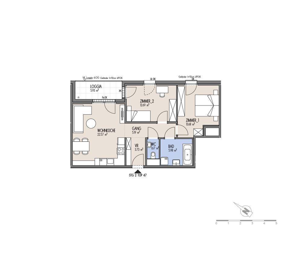 Grundriss einer Wohnung mit Loggia, zwei Zimmern, Wohnküche, Bad und separatem WC.