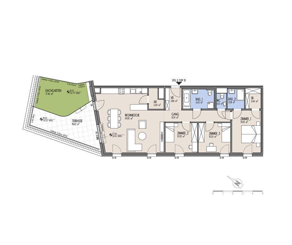 Grundriss einer Wohnung mit drei Zimmern, offener Wohnküche und Dachgarten.