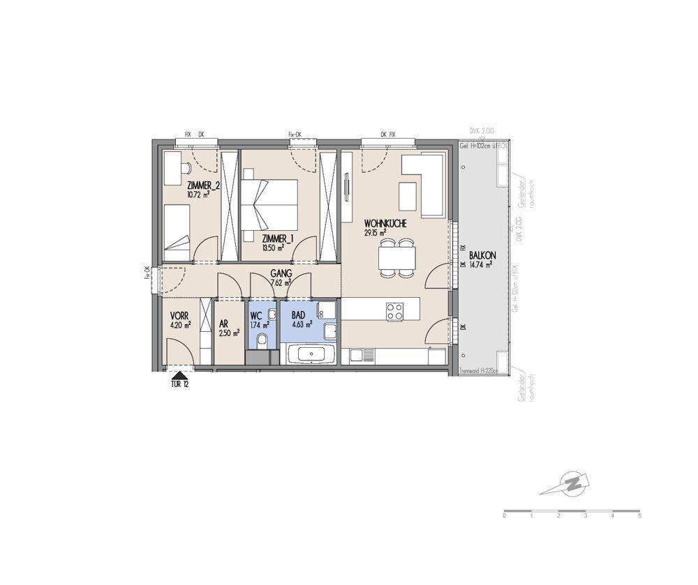 Grundriss einer Wohnung mit zwei Schlafzimmern, offenem Wohnbereich und Balkon.