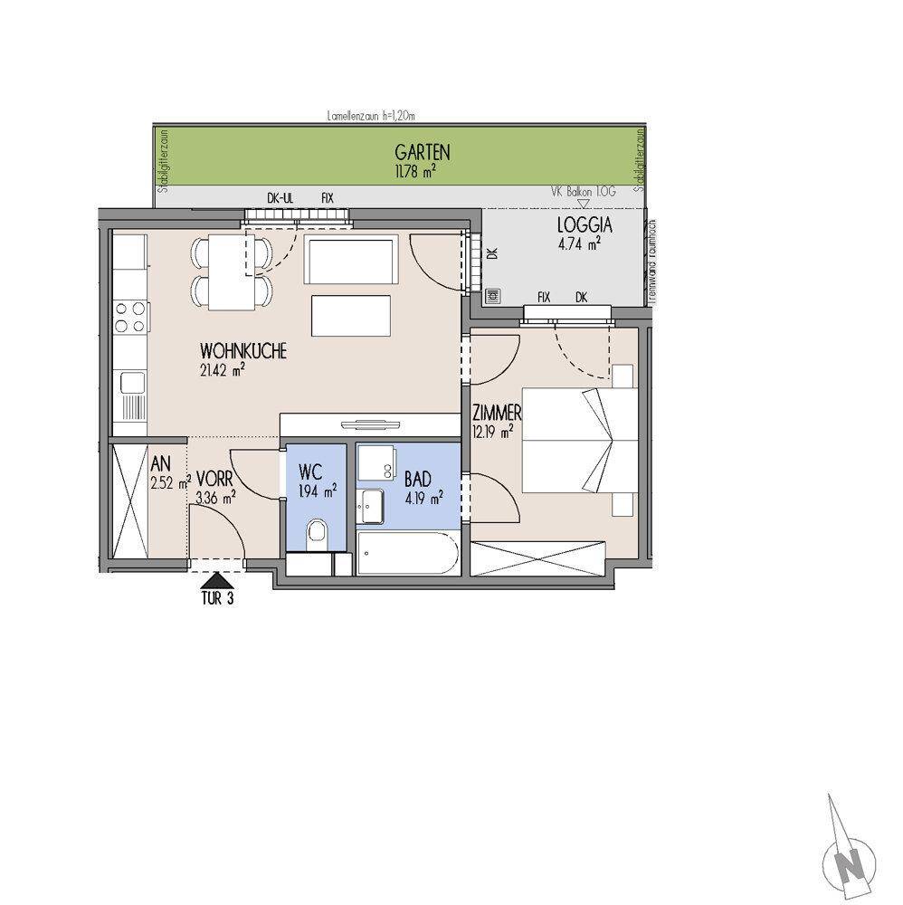 Grundriss einer Wohnung mit offener Wohnküche, Schlafzimmer, Bad, separatem WC und Loggia mit Garten.
