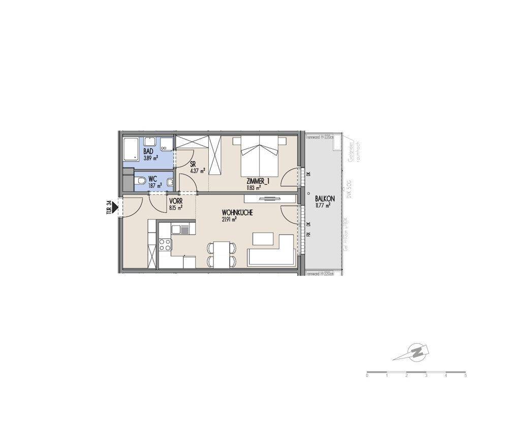 Grundriss einer Wohnung mit offener Wohnküche, Schlafzimmer, Bad, separatem WC und Balkon.