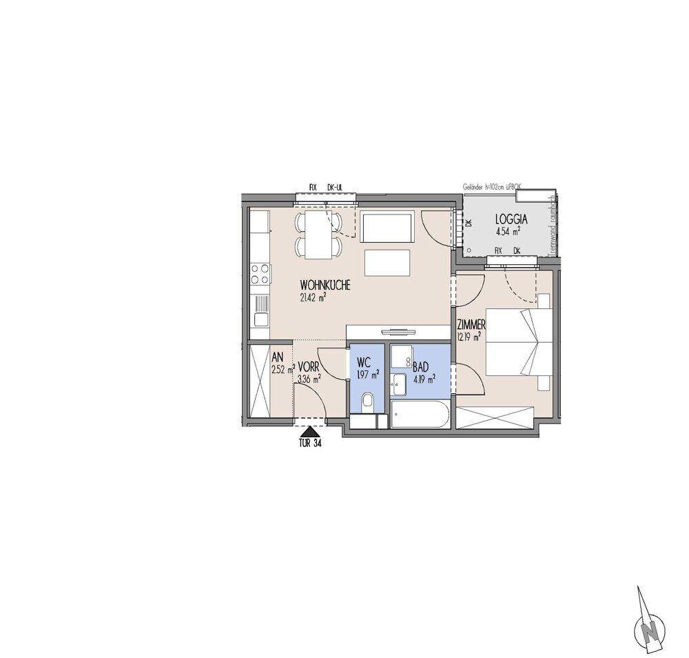 Grundriss einer Wohnung mit offener Wohnküche, Schlafzimmer, Bad, WC und Loggia.