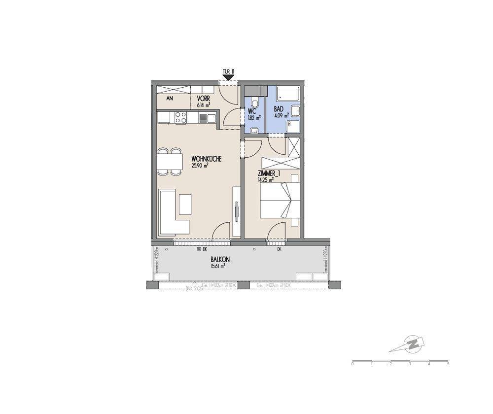 Grundriss einer Wohnung mit offener Wohnküche, Schlafzimmer, Bad, separatem WC und Balkon.