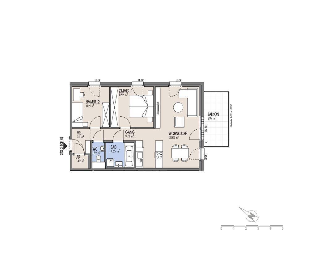 Grundriss einer Wohnung mit zwei Schlafzimmern, offener Wohnküche und Balkon.