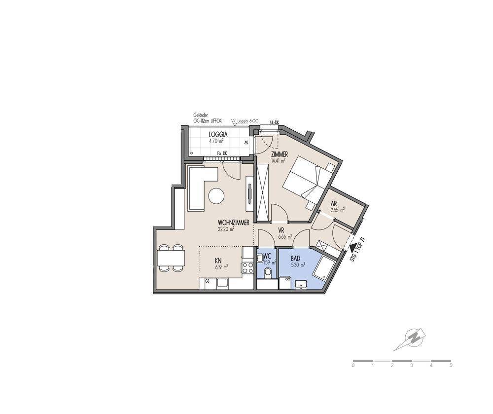 Grundriss einer Wohnung mit Wohnzimmer, Schlafzimmer, Bad und Loggia.