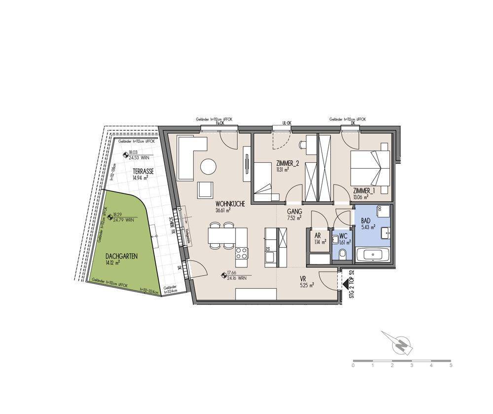 Detaillierter Grundriss einer Wohnung mit Wohnküche, zwei Zimmern, Bad, WC und Dachgarten.