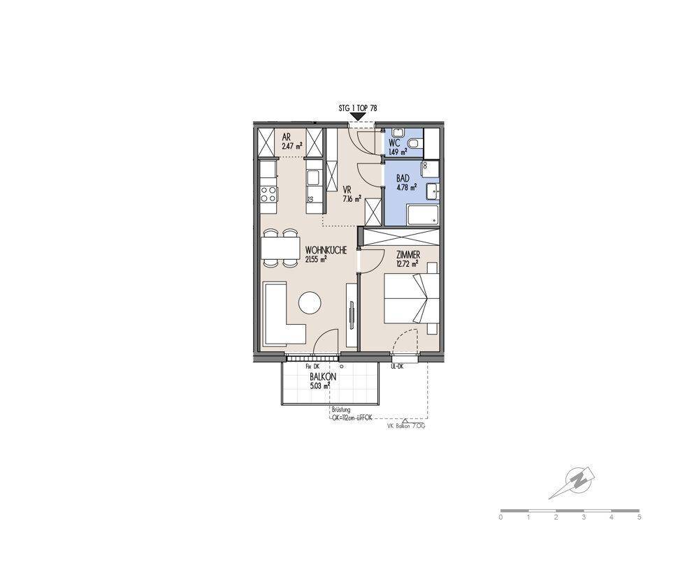 Detaillierter Grundriss einer Wohnung mit Wohnküche, Schlafzimmer, Bad und Balkon.