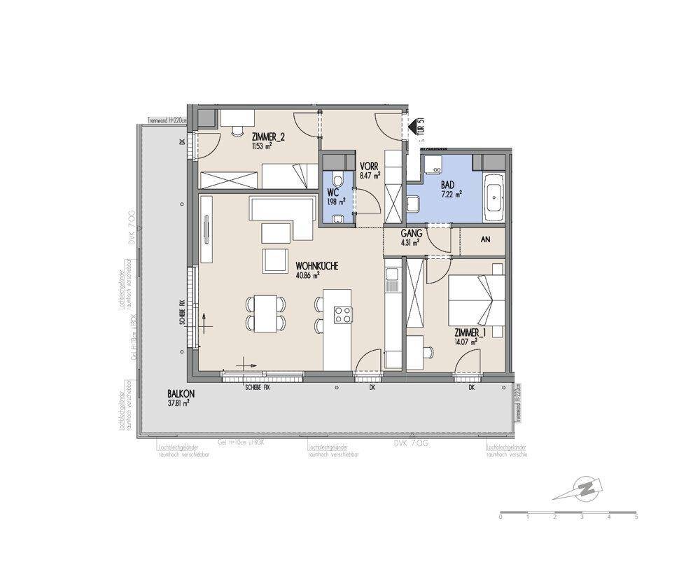 Grundriss einer Wohnung mit offener Wohnküche, zwei Schlafzimmern, einem Badezimmer und separatem WC sowie einem Balkon.