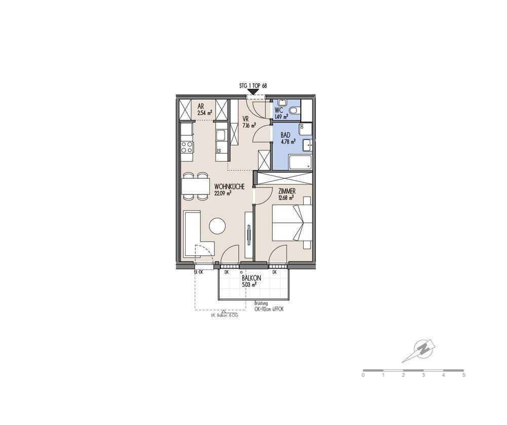 Detaillierter Grundriss einer Wohnung mit Wohnküche, Schlafzimmer, Bad und Balkon.