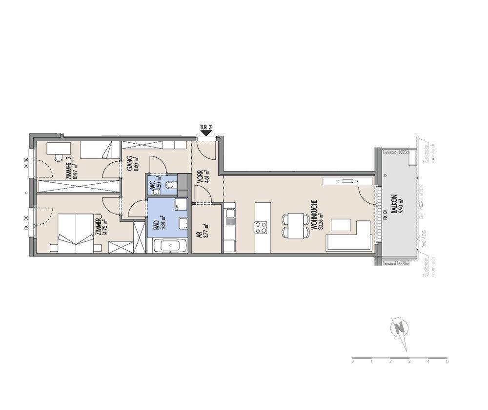 Grundriss einer Wohnung mit zwei Schlafzimmern, offenem Wohnbereich und einem Balkon.