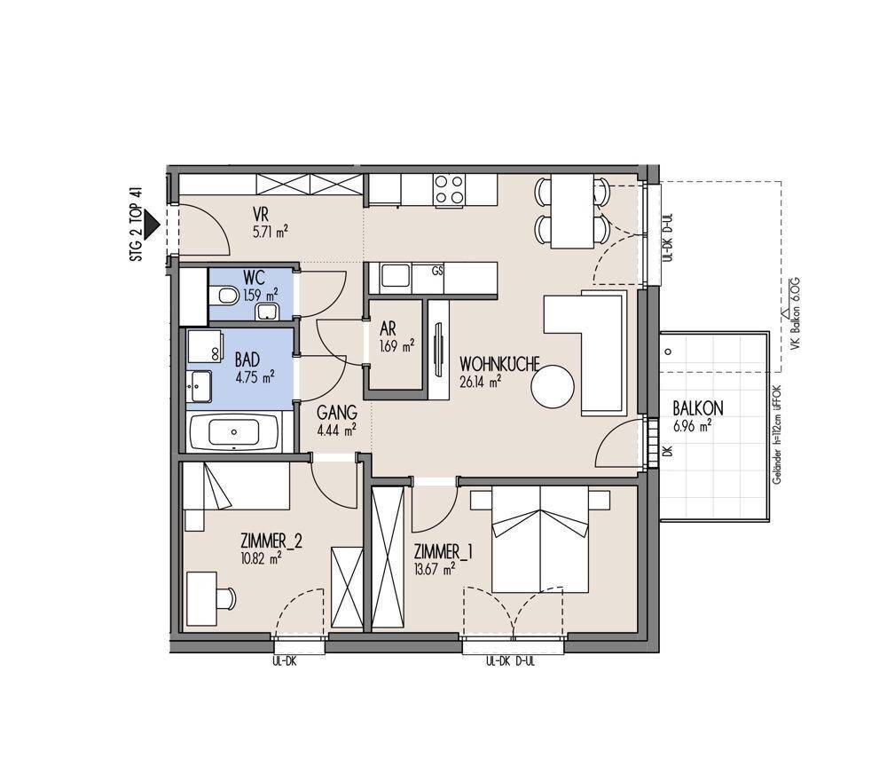Detaillierter Grundriss einer Wohnung mit zwei Schlafzimmern, Wohnküche und Balkon.