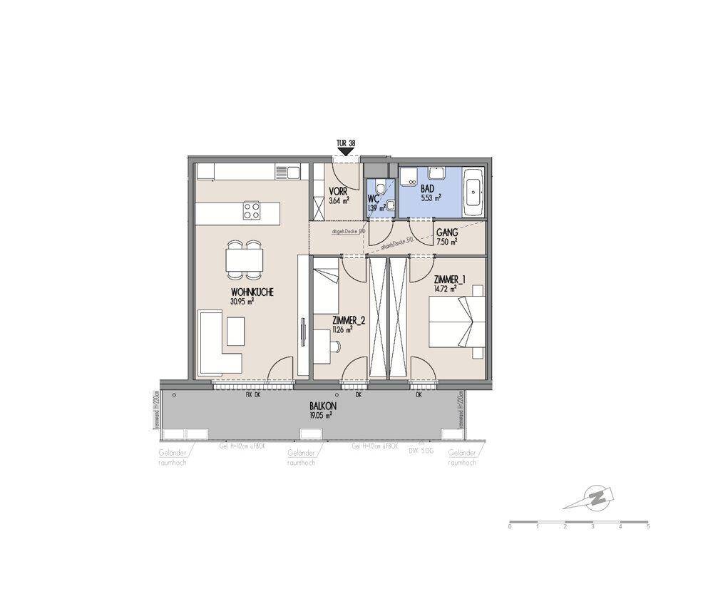 Grundriss einer Wohnung mit offener Wohnküche, zwei Zimmern, Bad, separatem WC und großem Balkon.