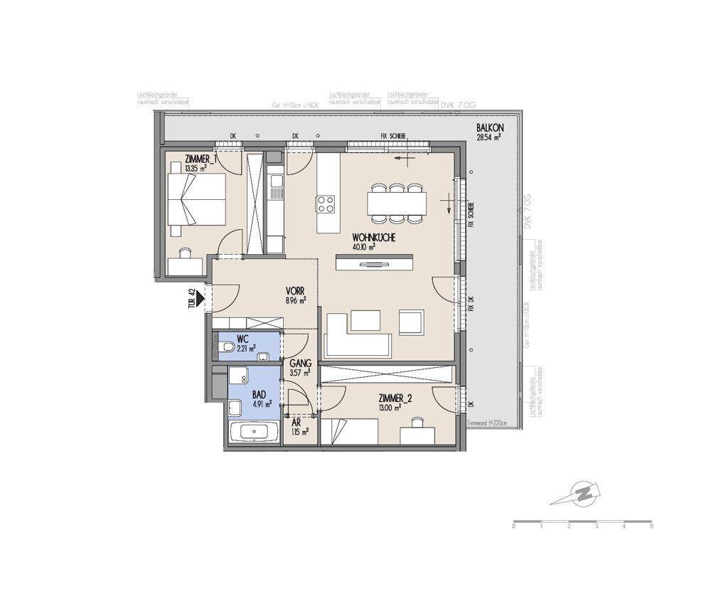 Grundriss einer Wohnung mit offenem Wohnbereich, zwei Schlafzimmern und großem Balkon.