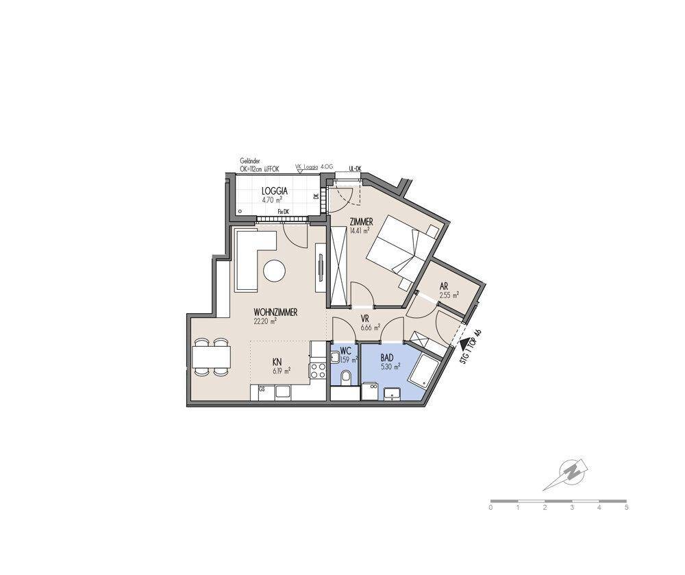 Grundriss einer Wohnung mit Wohnzimmer, Loggia, Schlafzimmer, Bad und separatem WC.