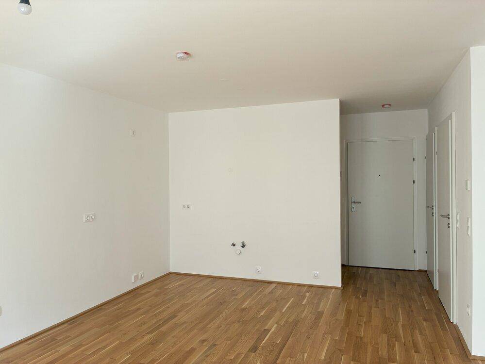 Eingangsbereich einer Wohnung mit Parkettboden und weißen Türen, unmöbliert und hell.