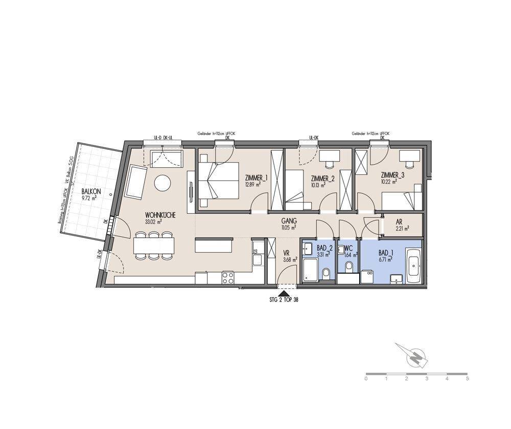 Grundriss einer Wohnung mit Wohnküche, drei Zimmern, zwei Bädern und Balkon.