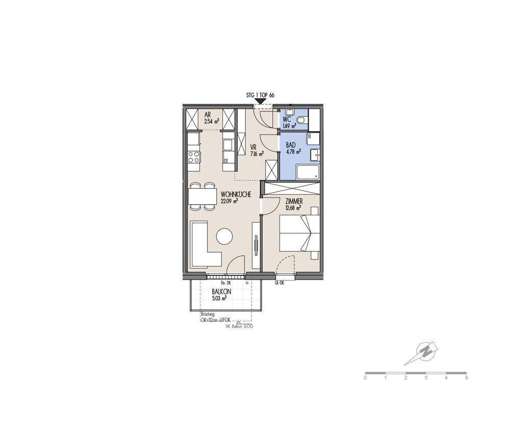 Grundriss einer Wohnung mit Wohnküche, einem Schlafzimmer, Bad, WC und Balkon.