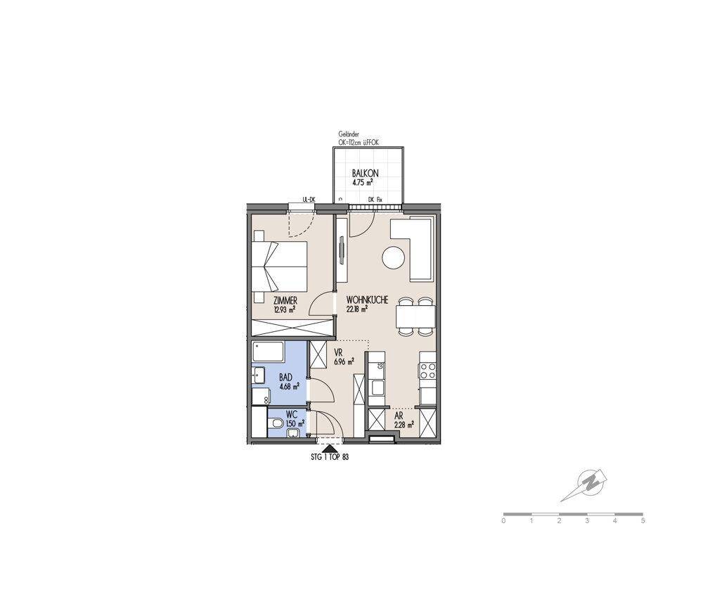 Grundriss einer modernen Wohnung mit einem Schlafzimmer, offener Wohnküche und Balkon.