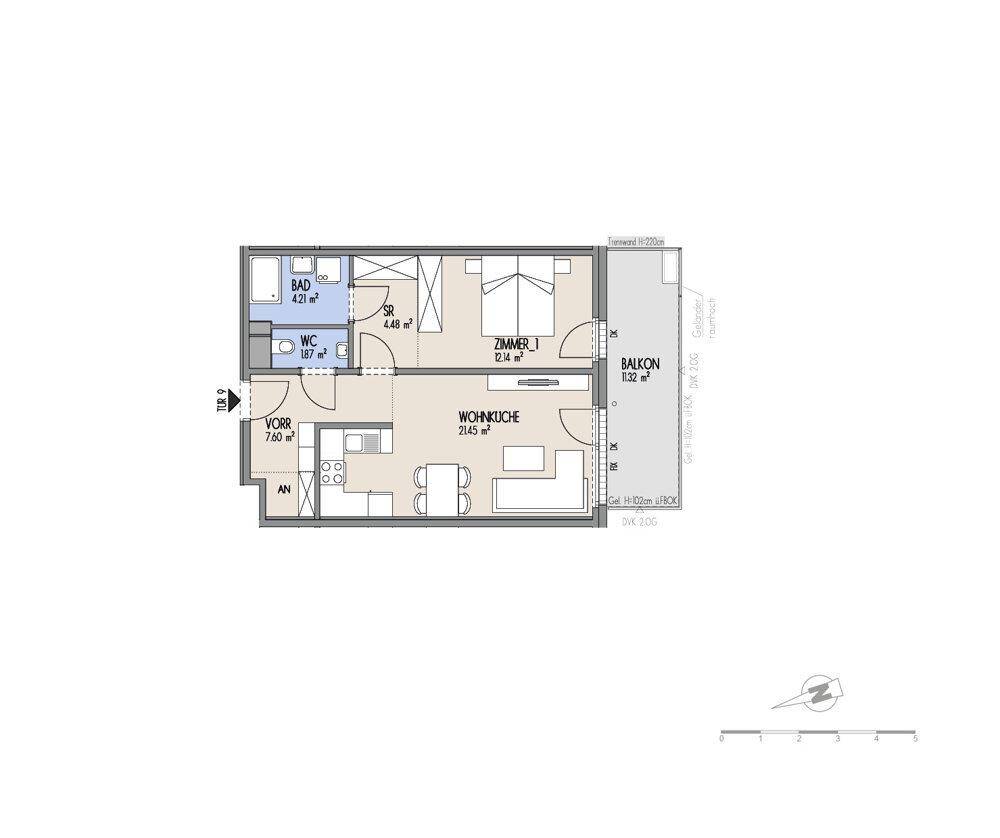 Grundriss einer Wohnung mit offener Wohnküche, Schlafzimmer, Bad und separatem WC sowie Balkon.