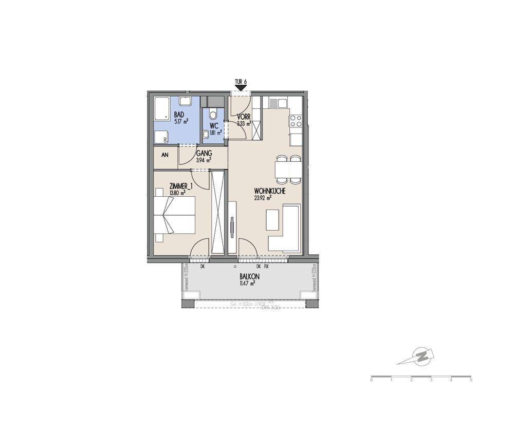 Grundriss einer Wohnung mit Wohnküche, Schlafzimmer, Bad, WC und Balkon.