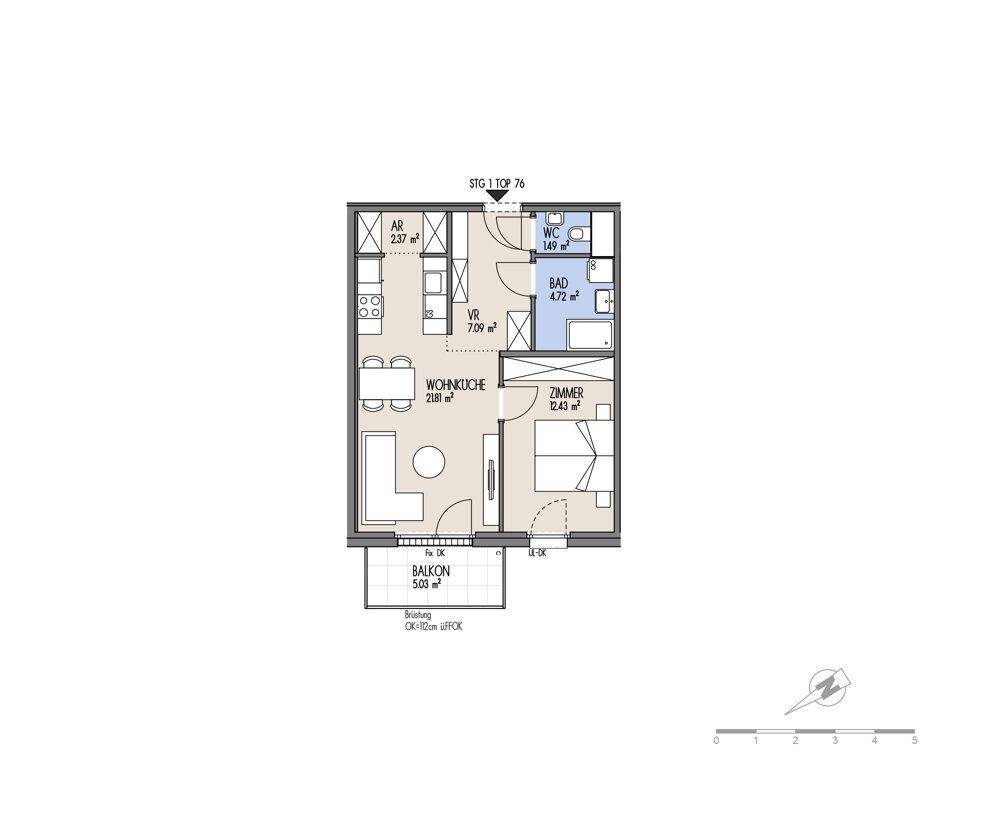 Detaillierter Grundriss einer Wohnung mit Wohnküche, Schlafzimmer, Bad und Balkon.