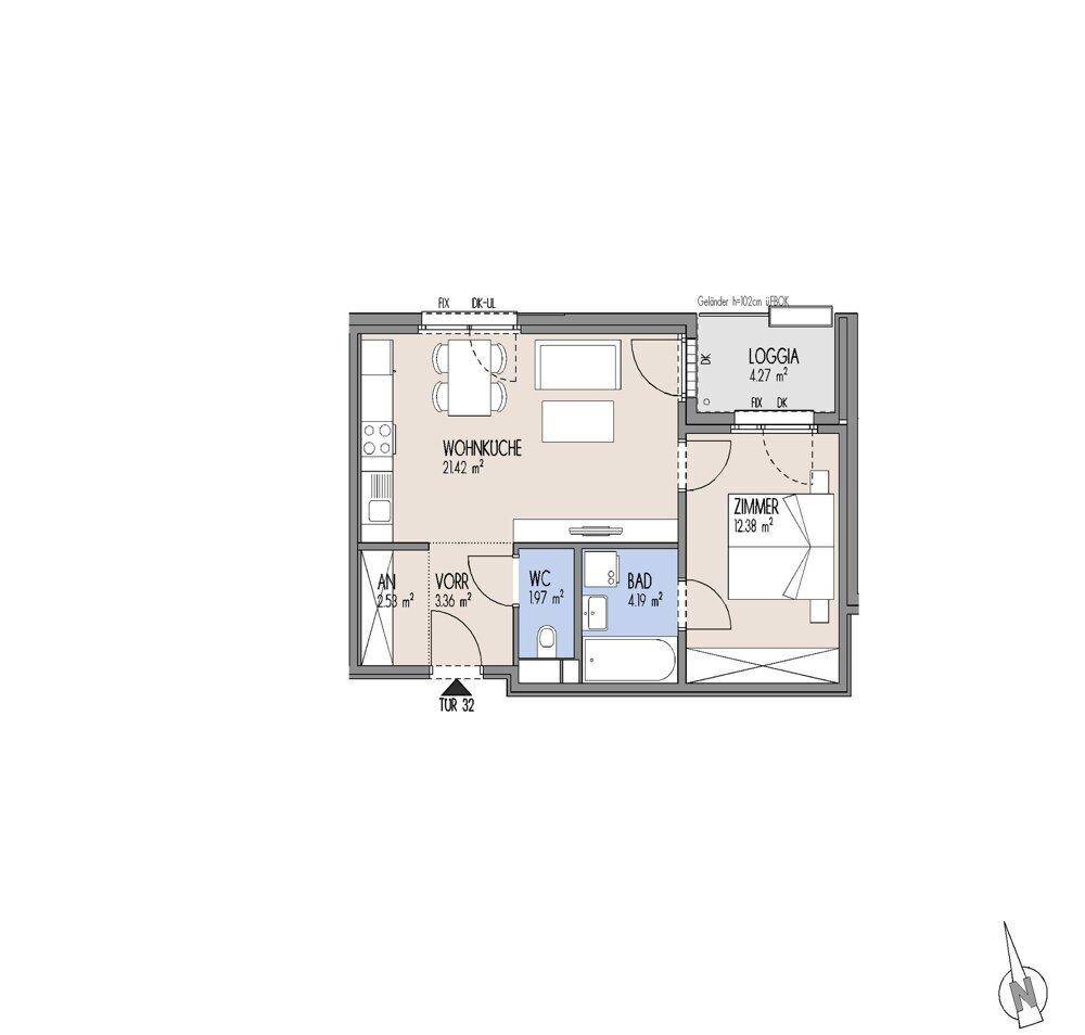 Grundriss einer Wohnung mit offener Wohnküche, Schlafzimmer, Bad, separatem WC und Loggia.