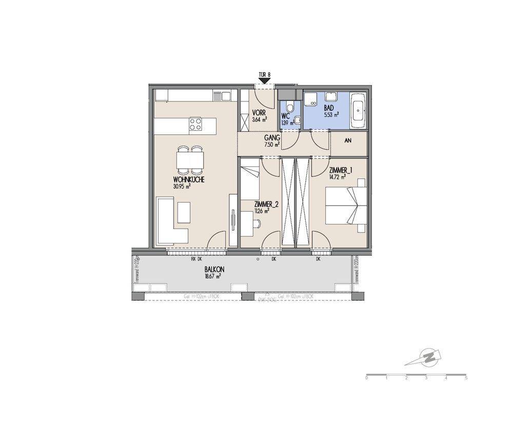 Grundriss einer Wohnung mit offener Wohnküche, zwei Zimmern, Bad und Balkon.
