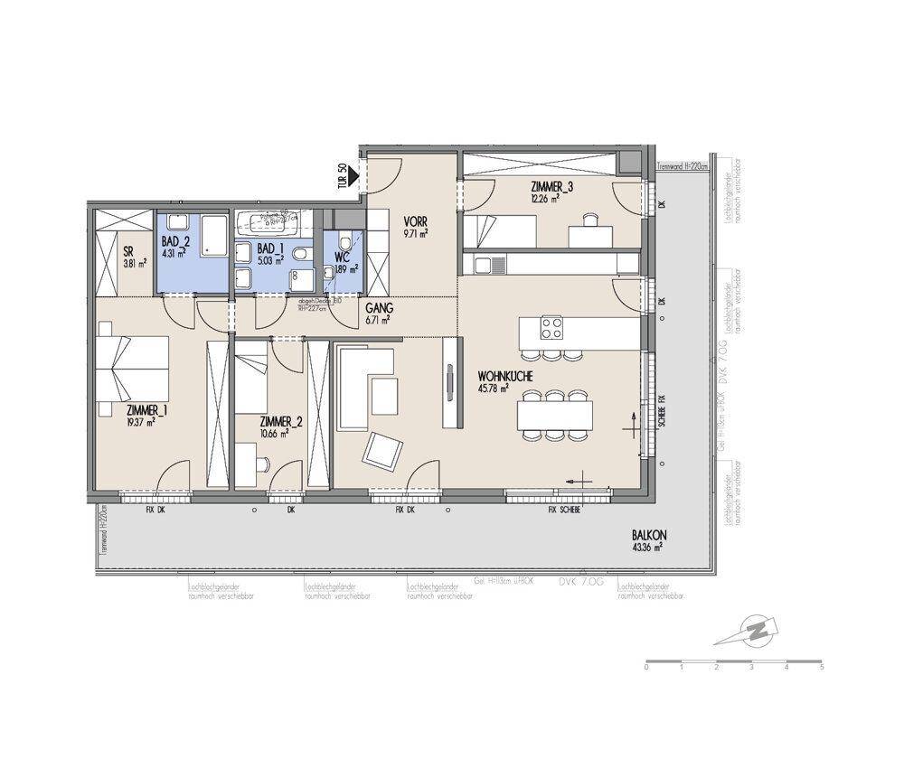 Detaillierter Grundriss einer Wohnung mit drei Zimmern, offener Wohnküche und großem Balkon.
