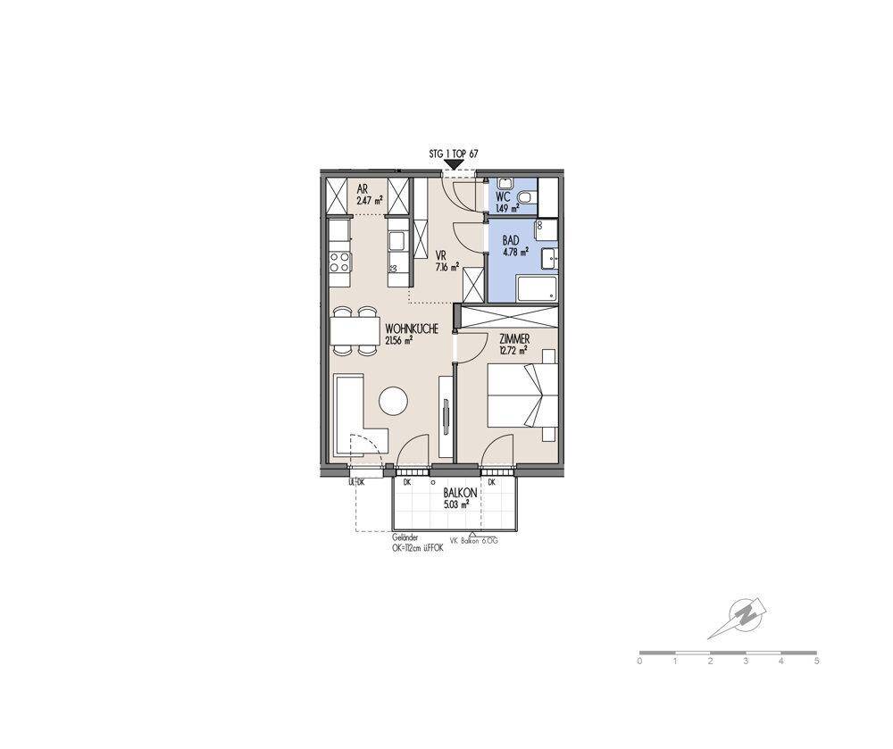 Detaillierter Grundriss einer Wohnung mit Wohnküche, Schlafzimmer, Bad und Balkon.