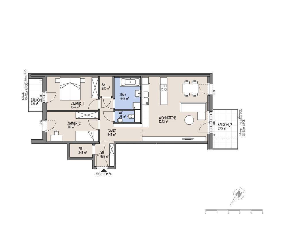 Detaillierter Grundriss einer modernen Wohnung mit zwei Schlafzimmern, Wohnküche und zwei Balkonen.