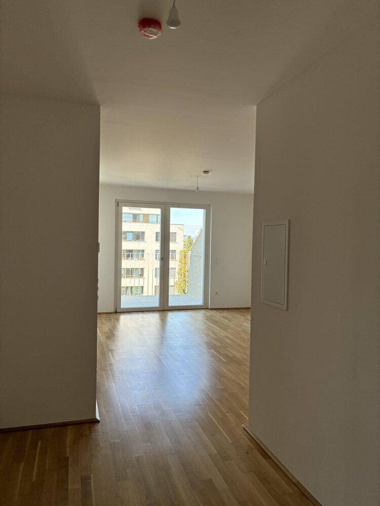 Blick durch einen Flur in einen hellen Raum mit Parkettboden und Zugang zu einem Balkon.