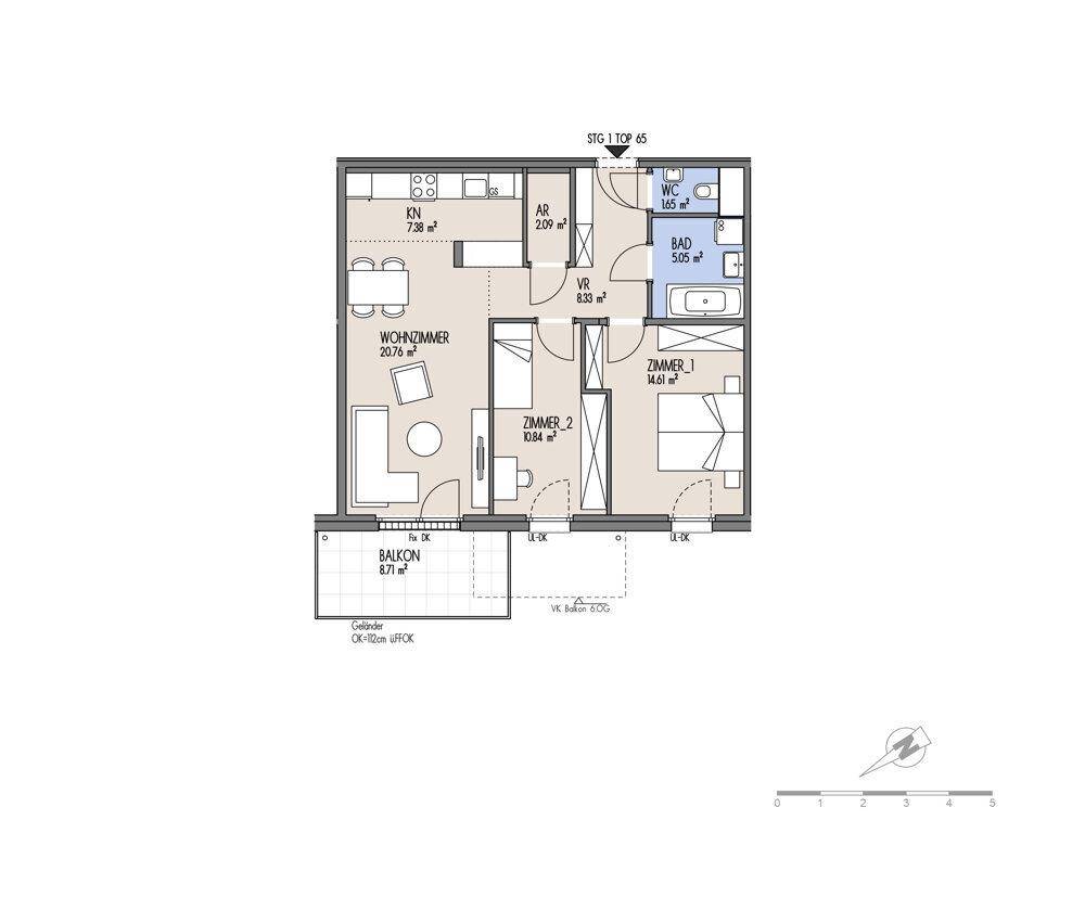 Detaillierter Grundriss einer Wohnung mit Wohnzimmer, zwei Schlafzimmern und Balkon.