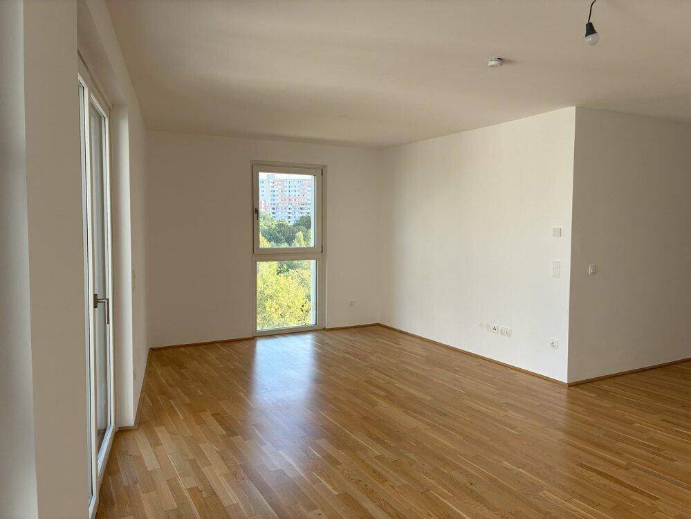 Heller, leerer Raum mit Holzboden und einem großen Fenster, das viel Tageslicht hereinlässt.