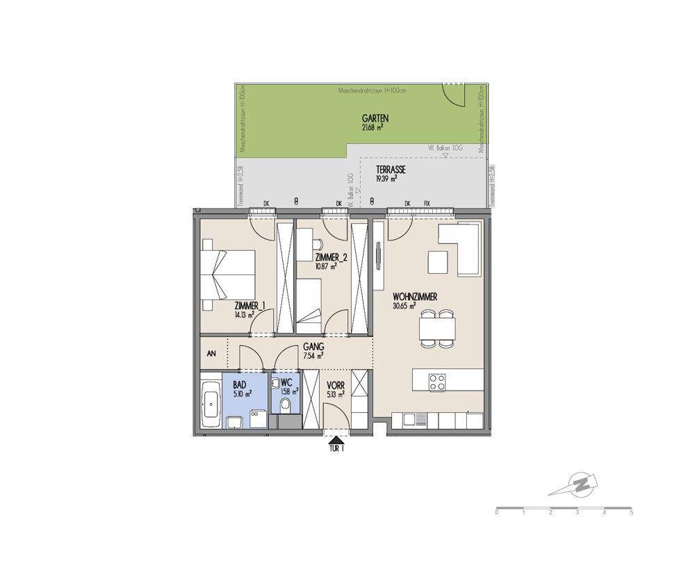 Grundriss einer Wohnung mit zwei Schlafzimmern, Wohnzimmer, Bad, WC, Terrasse und Garten.