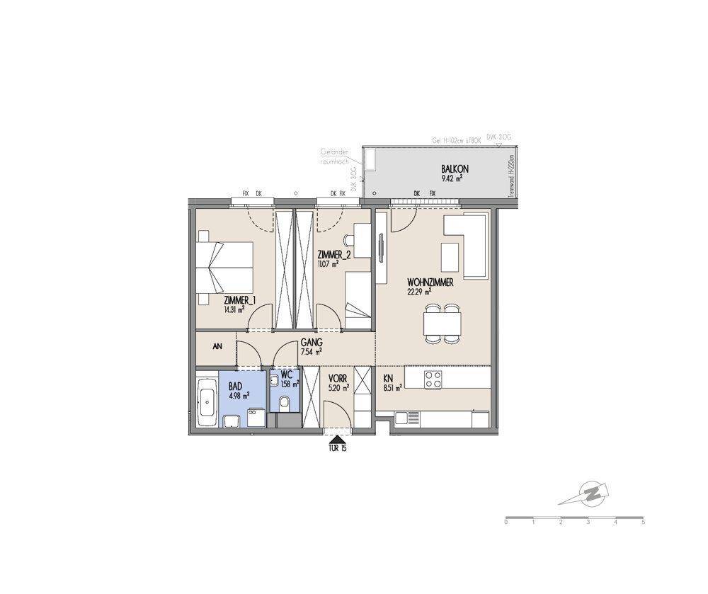 Grundriss einer Wohnung mit zwei Schlafzimmern, offenem Wohnbereich, Bad, separatem WC und Balkon.
